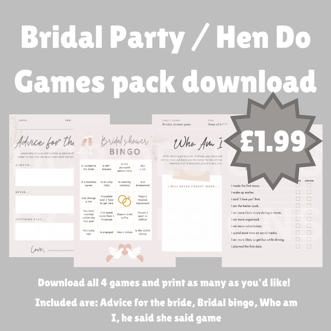 Bridal Party Hen Do Games Bundle Download- Beige