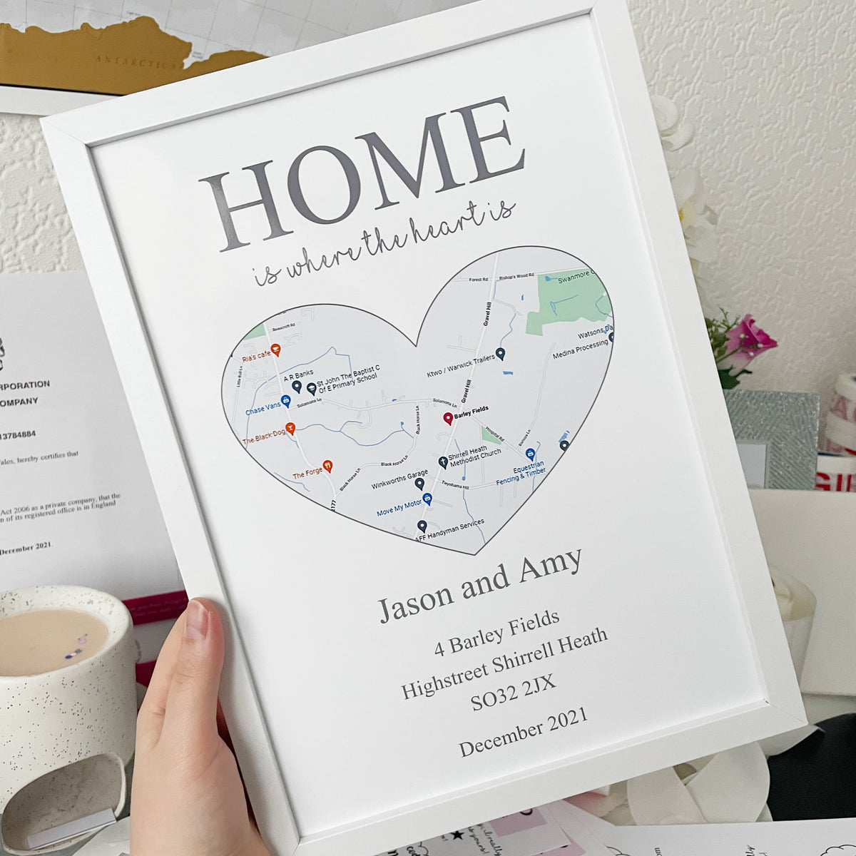 Personalised New Home Map Print – Family Love Gift – A4 A3 A5 – Framed Options – UK Made